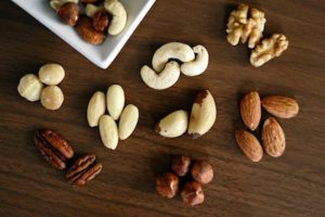 Display of various nuts on a counter