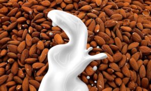 Pile of almonds with a splash of milk to depict non-dairy milk alternatives