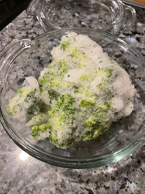 Frozen broccoli showing freezer burn