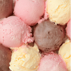 scoops of vanilla, chocolate and strawberry ice cream
