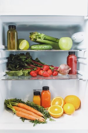 Fruits and vegetables stored in a refrigerator