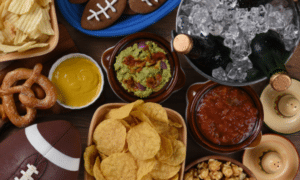Super Bowl snacks laid out on a table