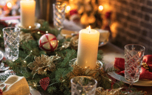 Dinner table set with dishes and Christmas decorations