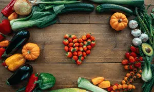 Fruits and vegetables on a wood table